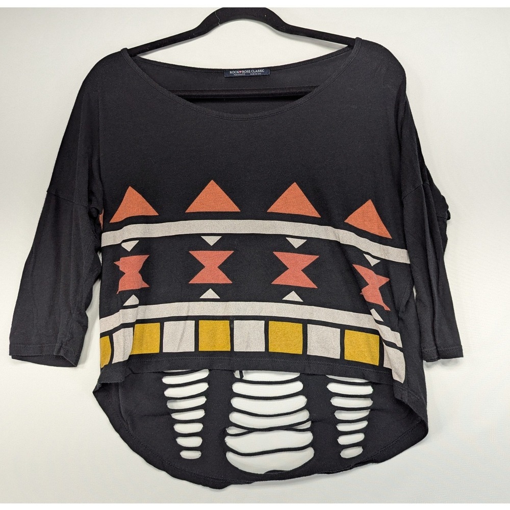 Rock Rose Classic Black Tribal Graphic Distressed Shredded Back Top‎ Small